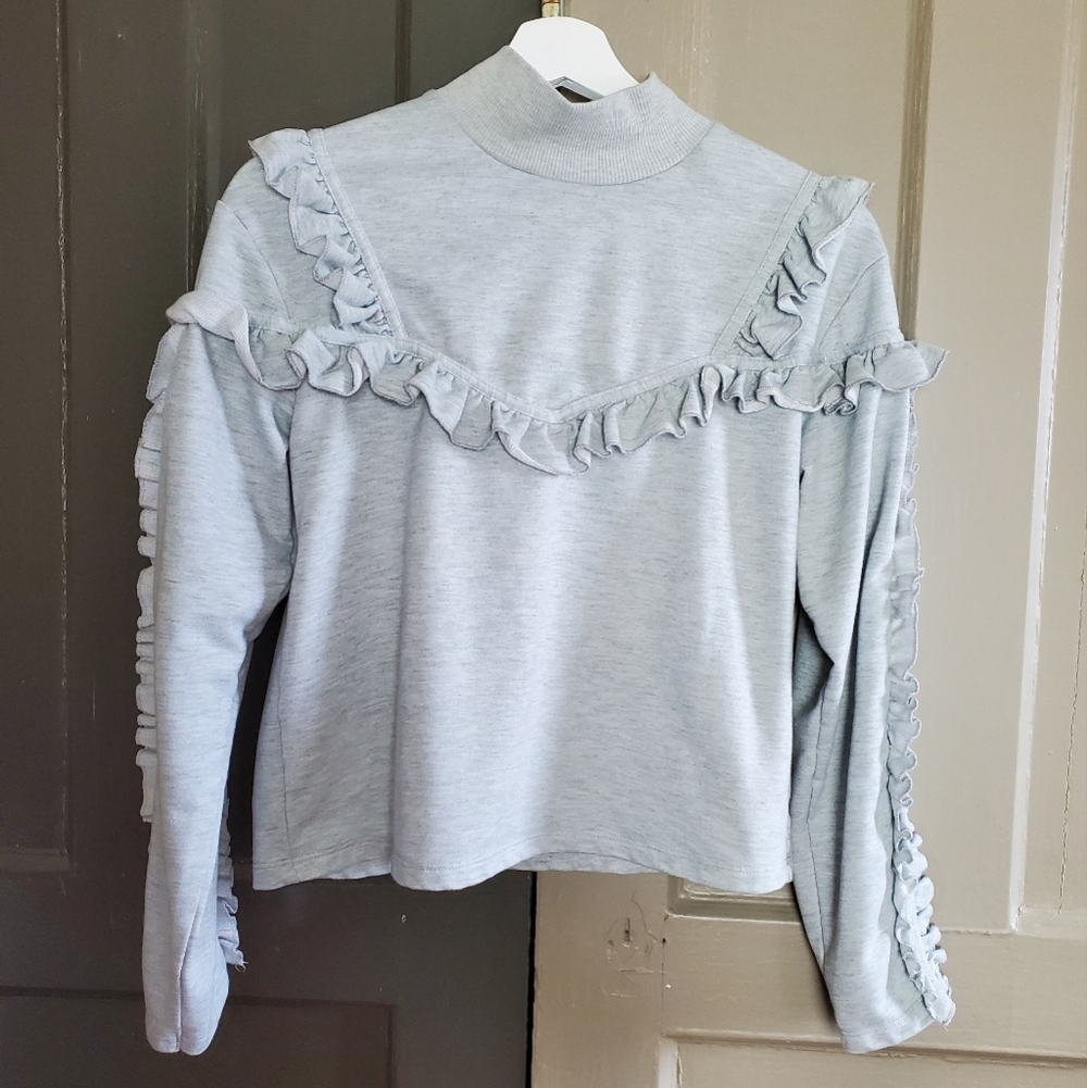 Buffalo By David Bitton Ripley Grey Ruffle Knit Top Sweatshirt Size Small
